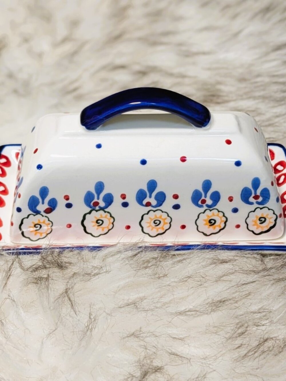 Gypsy Signature Red Burgundy & Blue Floral & Dots Butter Dish  6.3/4” X 3.5”